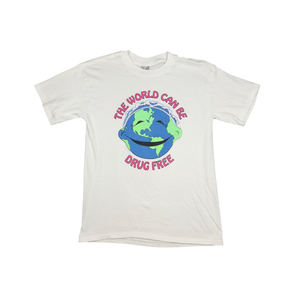 Vtg The World Can Be Drug Free Earth Smiley T-Shirt Mens L USA Single Stitch